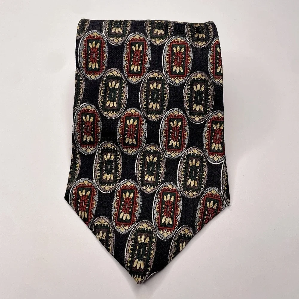 Vintage Oscar‎ de la Renta Tie Geometric Pattern Black 100% Silk Business Formal